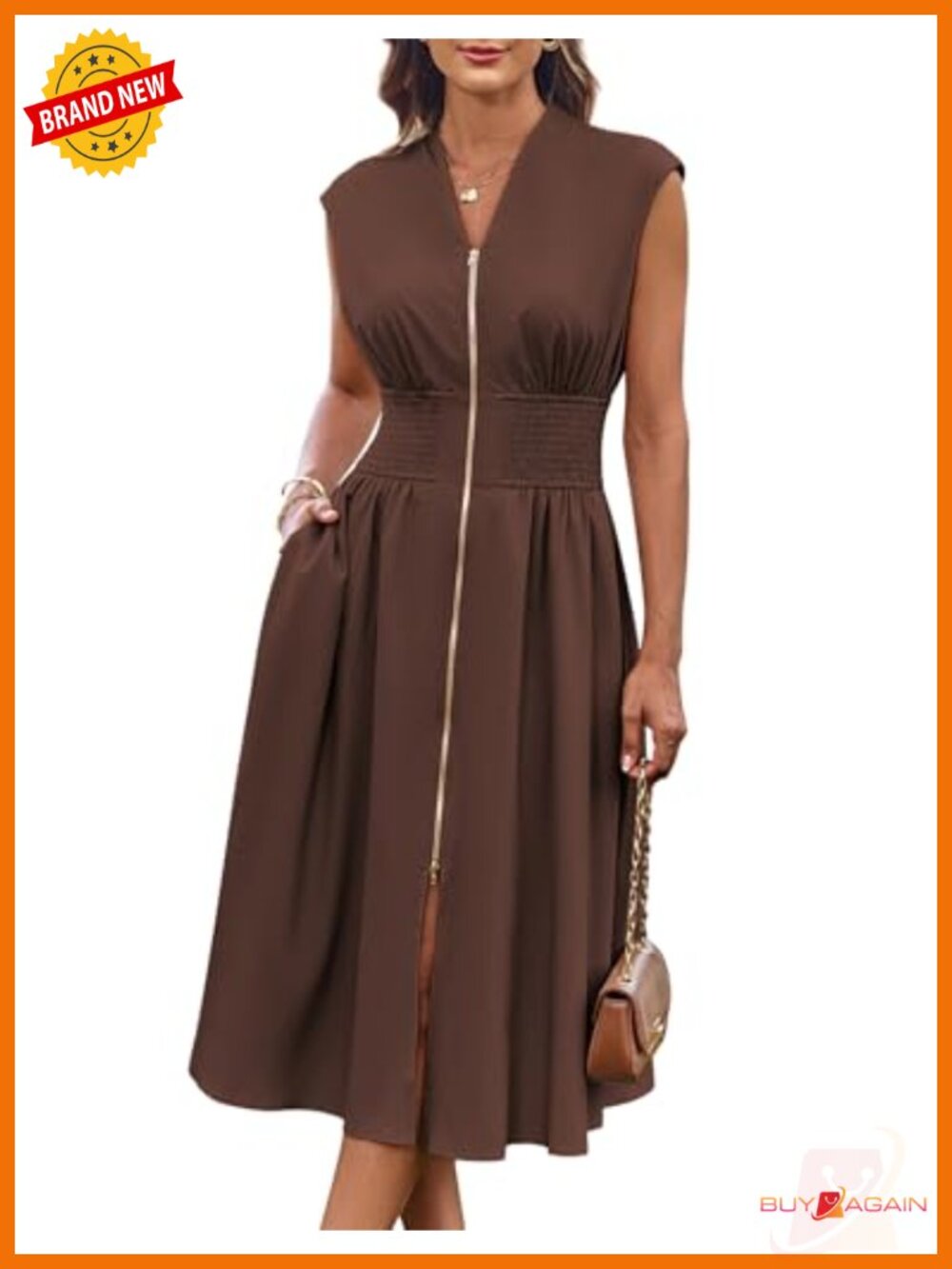 Womens Casual Work Dress Sleeveless Smocked Waist Midi A-Line